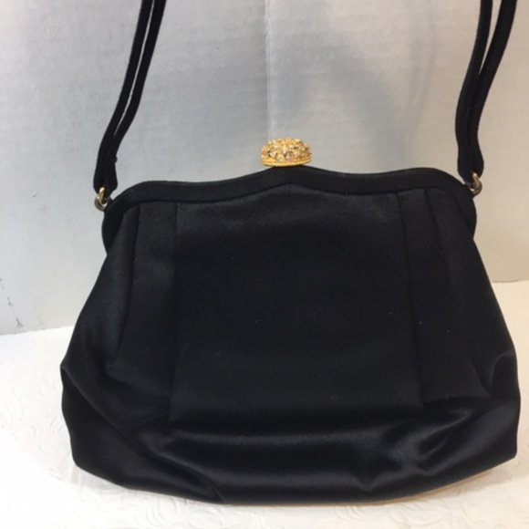 Vtg MM Morris Moskowitz Black Satin Evening Gold Rhinestone Fancy Clasp Purse - Picture 3 of 10